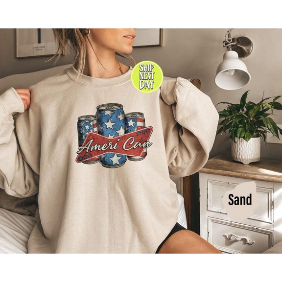 Retro USA Flag Sweatshirt, Ameri-Can 4th of July Crewneck, Funny American Flag Freedom Gift