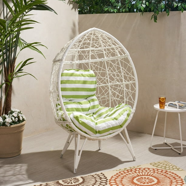 Jayson Outdoor Wicker Teardrop Chair With Cushion White And Green Walmart Com Walmart Com