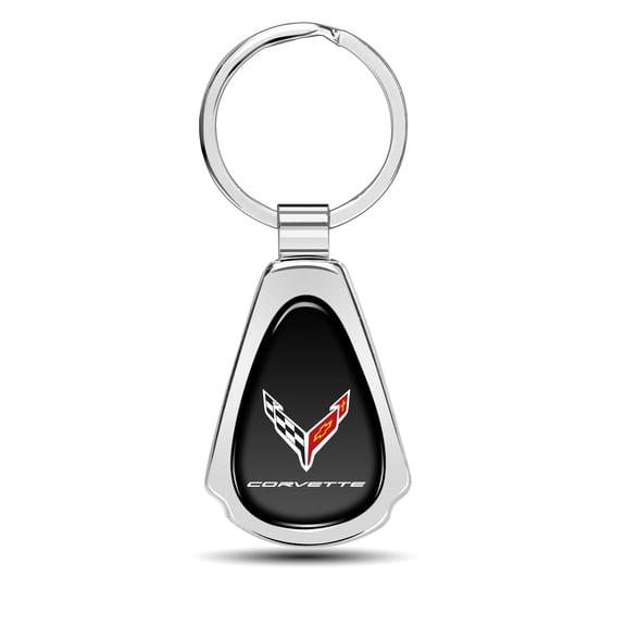 iPick Image for Chevrolet Corvette C8 Black Dome Chrome Metal Teardrop Key Chain, Official Licensed