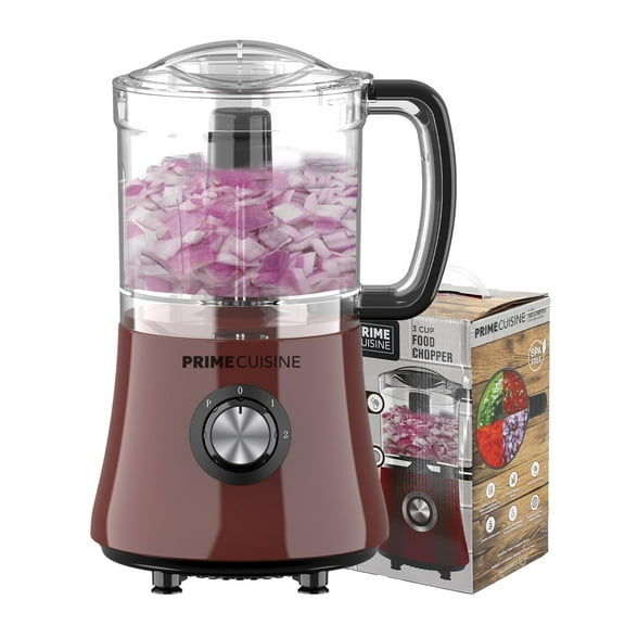 PRIME CUISINE Electric Vegetable Chopper & Food Processor, 3 Cup Capacity, For Mincing, Emulsify and Puree with Extra Slicer and Shredder Blade Disc, Burgundy