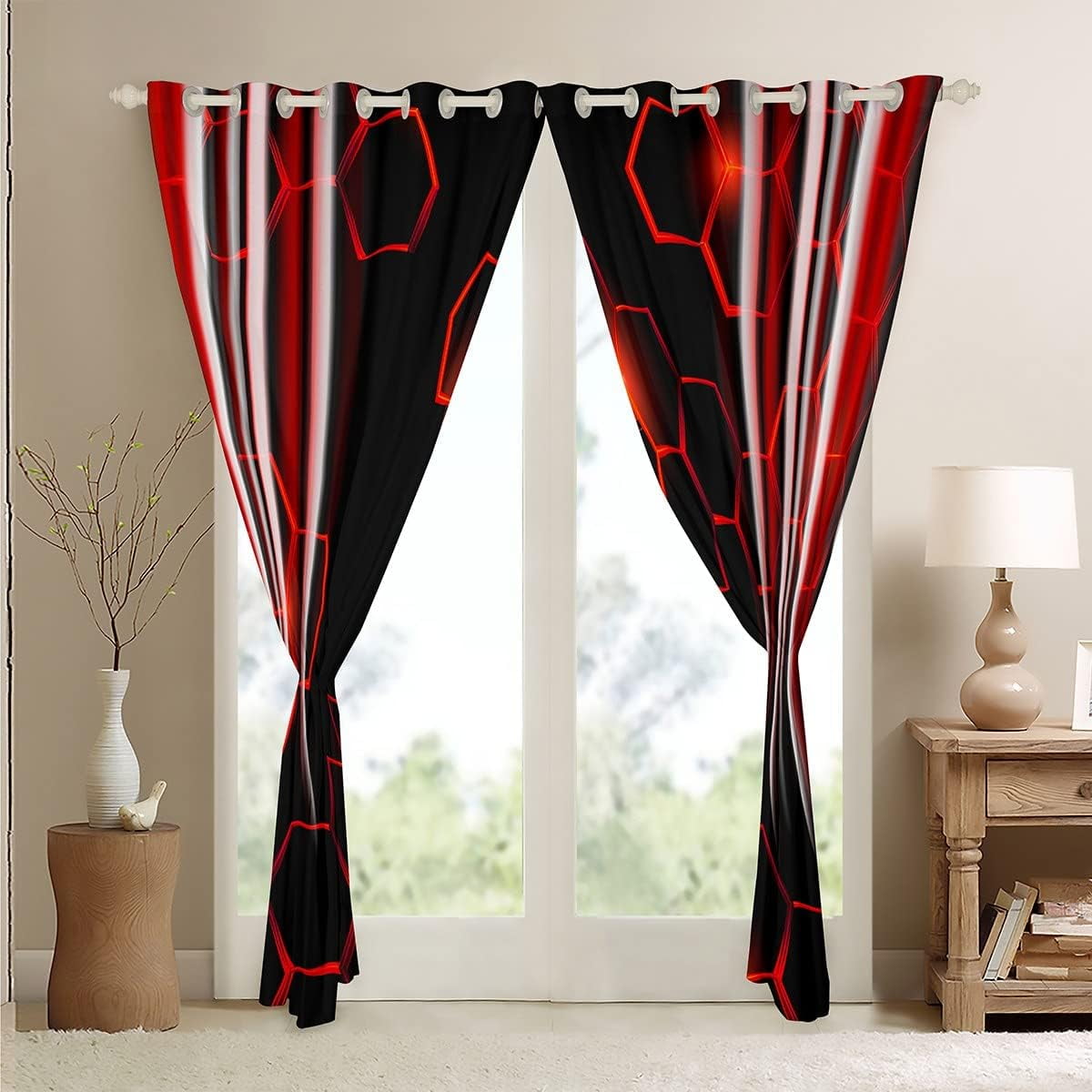 Honeycomb Curtains (2 Panels, 42 x 84 Inch) Modern Hexagon Theme Red Curtains Room Strip Lines Darkening Dreapes Modern Gradient Black Red Window Treatments 30%-50% Blackout