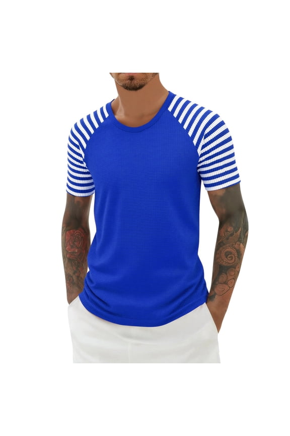 Men's Waffle Strip Short Sleeve T Shirts Carnival Summer Lightweight Striped Tee Casual Crewneck Athletic Gym Workout Top for Unisex Blue XL