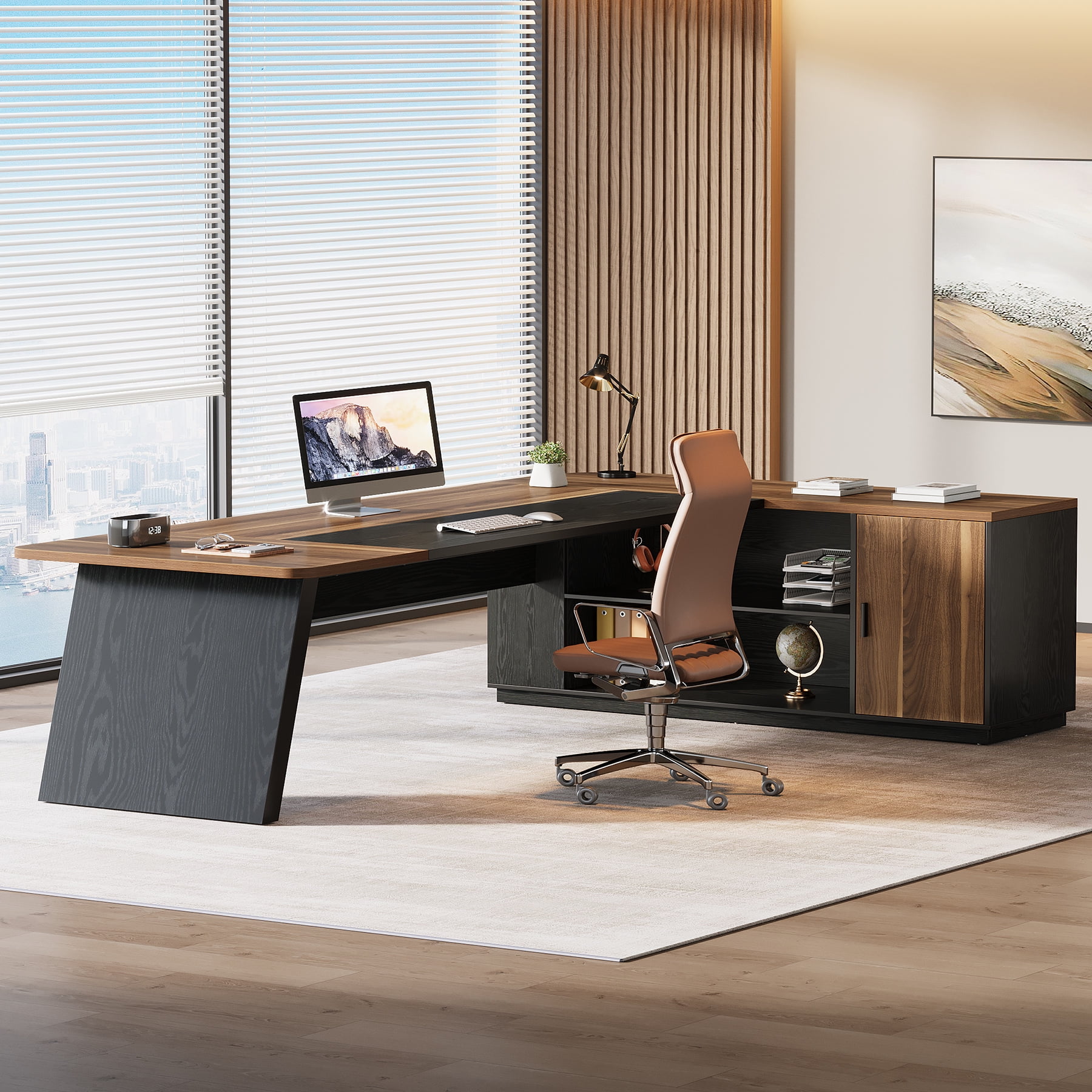Finmind Executive Desk with Cabinet, 79-Inch L-Shaped Computer Table with Storage Shelves, Office Desk for Home Office, Brown and Black