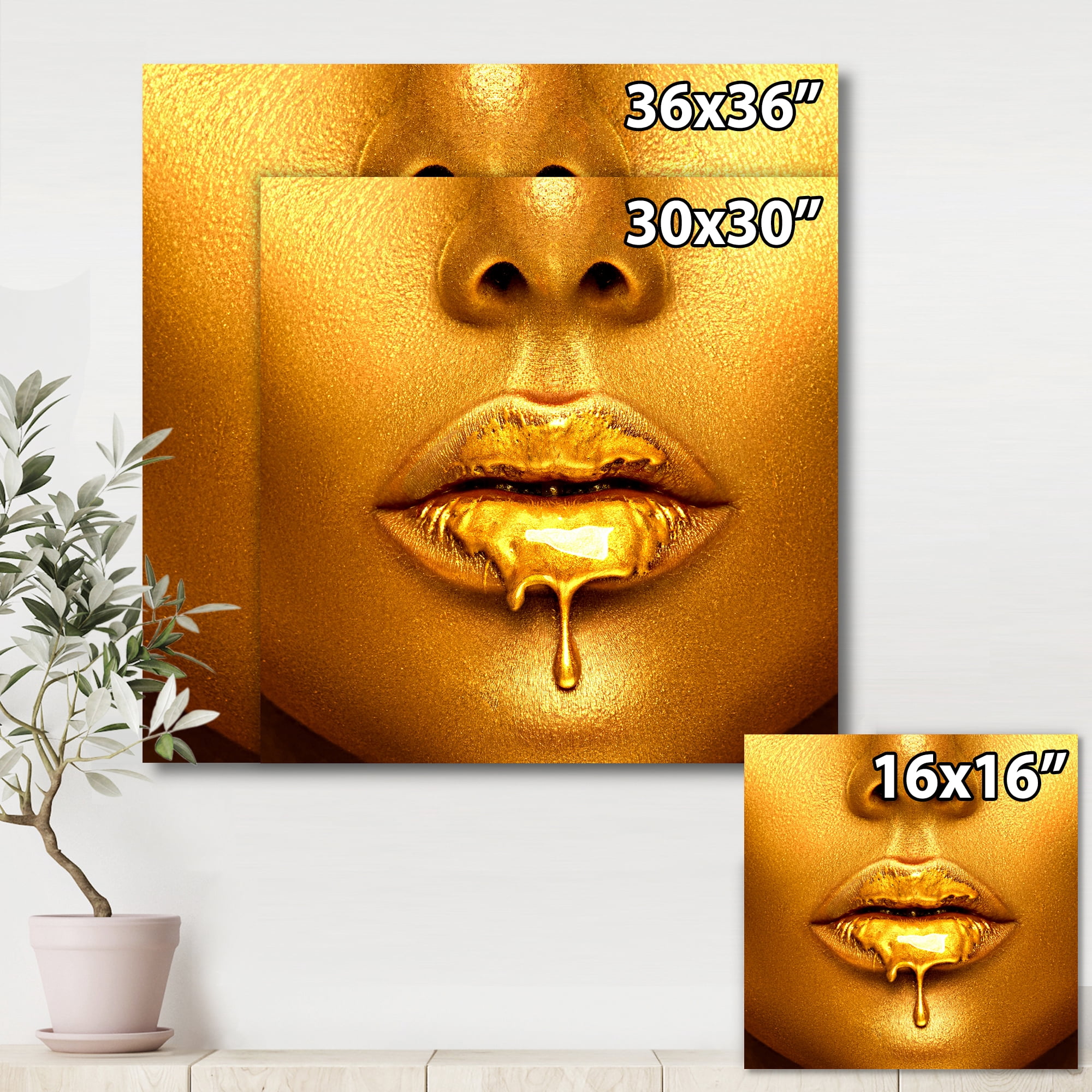 Designart ' Gold Paint Drips From Sexy Girl Lips ' Modern Canvas Wall Art Print