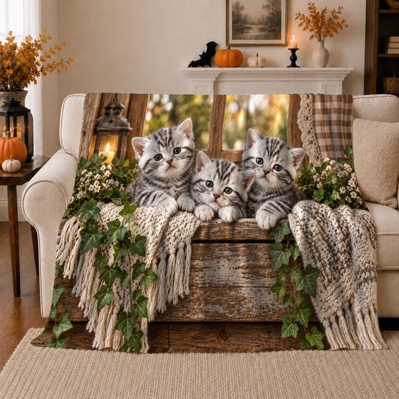 Rustic Autumn Farmhouse Kittens Wooden Box, Cozy Pet Portrait Pattern, Warm Flannel Blanket for Ranch House and Living Room, Cat Lovers autumn celebration Gift, Pet Lover Home Decor