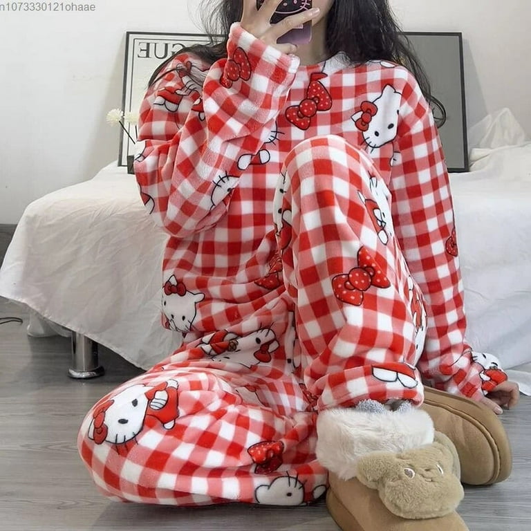 Sanrio Hello Kitty Home Clothes Red Plaid Plush Top Pullover Pants