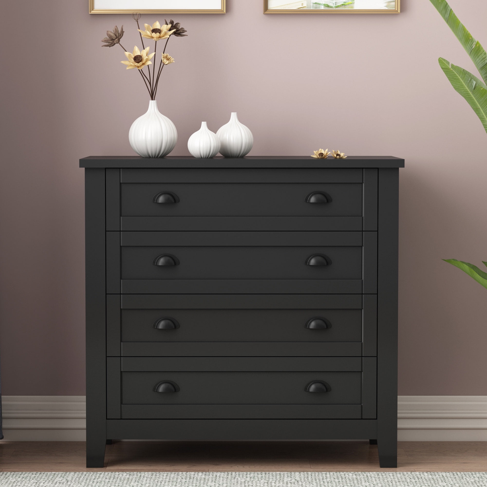 Resenkos 4-Drawer Retro Black Wood Dresser with Shell-Shaped Handle