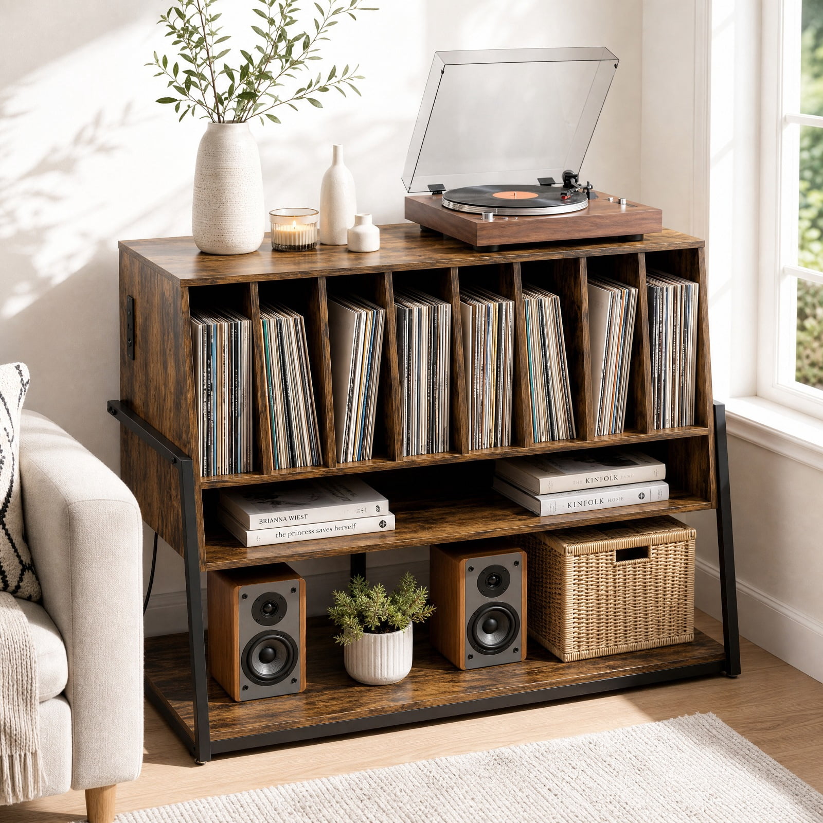 Furnibear Turntable Stand with Charging Station Vinyl Storage Shelves and Locking Wheels for Living Room Record Player Setup, Rustic Brown