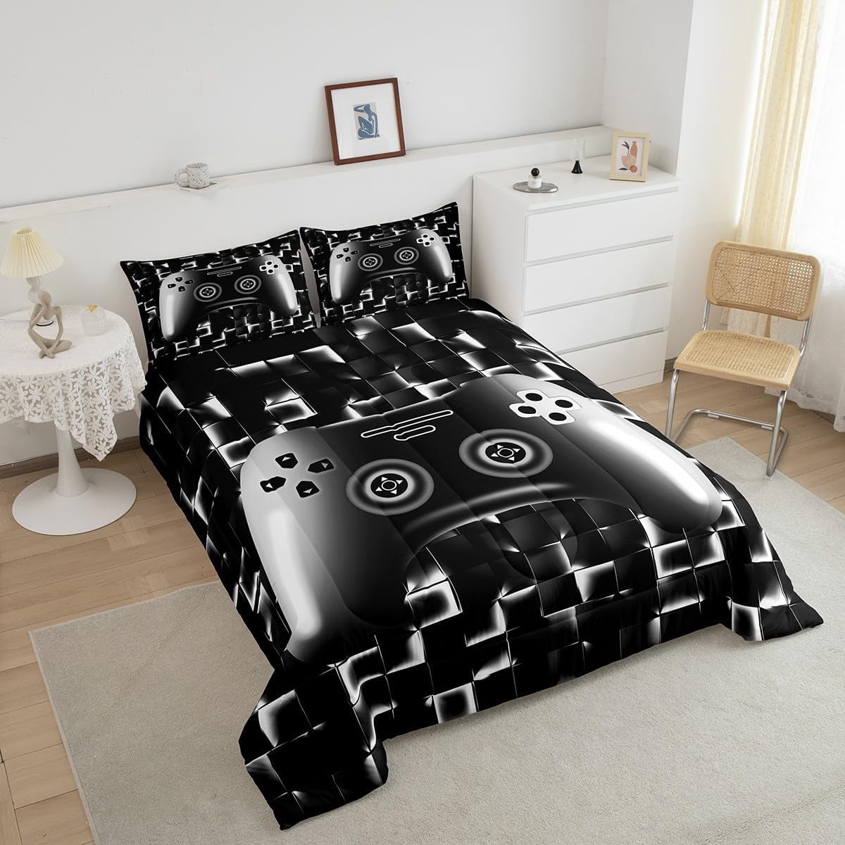 Erosebridal Gaming Comforter Teens Game Bedding Set Gamer Comforter Set For All Season Gamepad Room Decor Duvet Quilt Twin Size,1 Comforter With 1 Pillowcase Neon Black White Grey