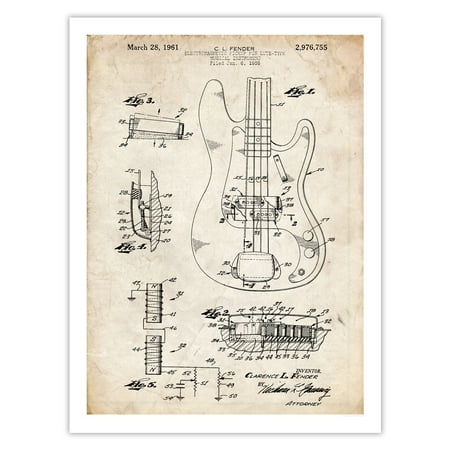 Custom Handmade Basses Fender Precision Bass Guitar Invention Poster 1961 Patent Art Handmade Giclée Gallery Print Parchment (18