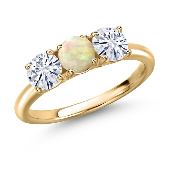 Gem Stone King 10K Yellow Gold White Ethiopian Opal and White Moissanite Engagement Ring for Women | 1.30 Cttw | Round Cabochon 5MM | Gemstone October Birthstone | Size 7