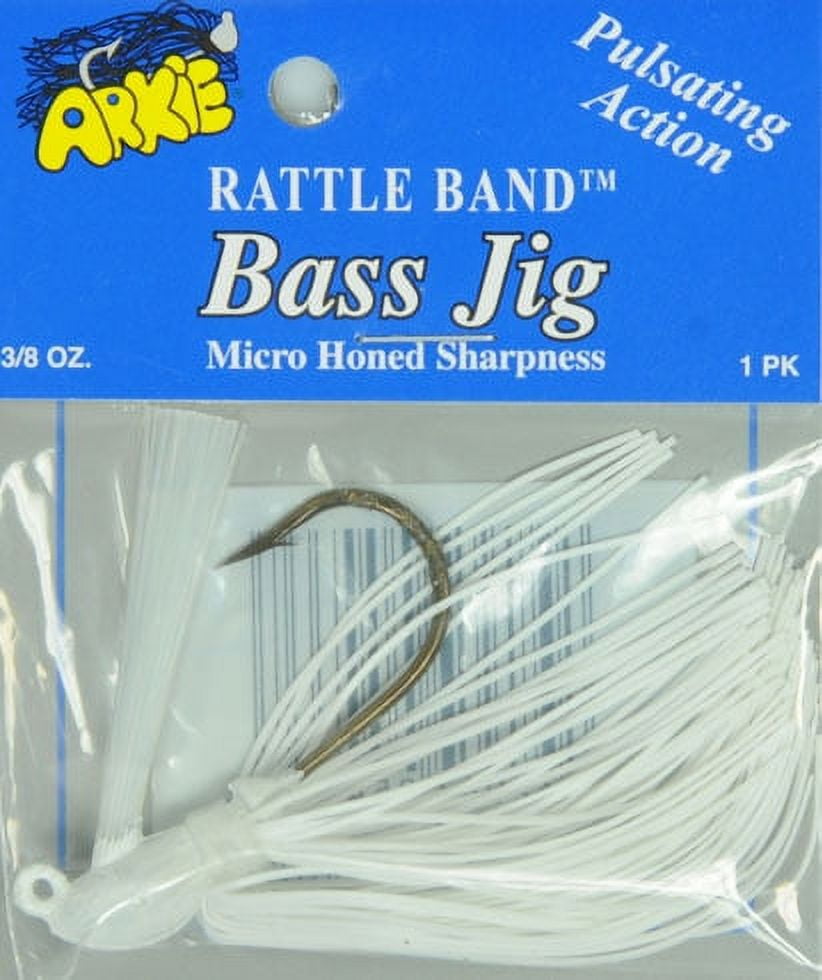 (4 pack) Arkie Lures Rattle Band Bass Jig, Color White, Size 3/8 oz.