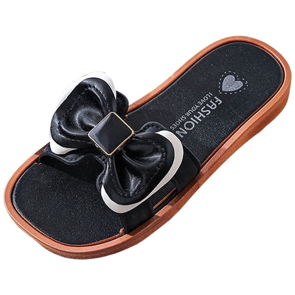 Quealent Girl's Slip on Sandals Bow Sandals Round Open Toe Beach Sandals Black for Size 2.5