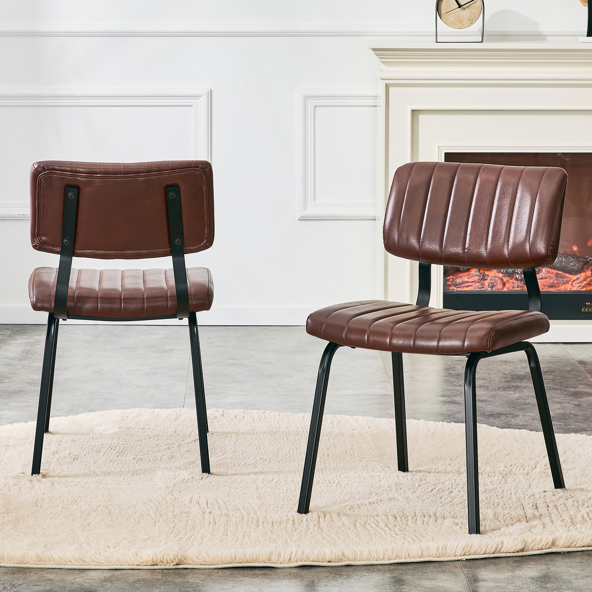 GARITIN 2 Pack Vintage Brown PU Leather Dining Chairs, Mid-Century Stripe Upholstered Side Chairs, Modern Industrial Accent Chairs with Black Metal Frame for Kitchen Dining Room