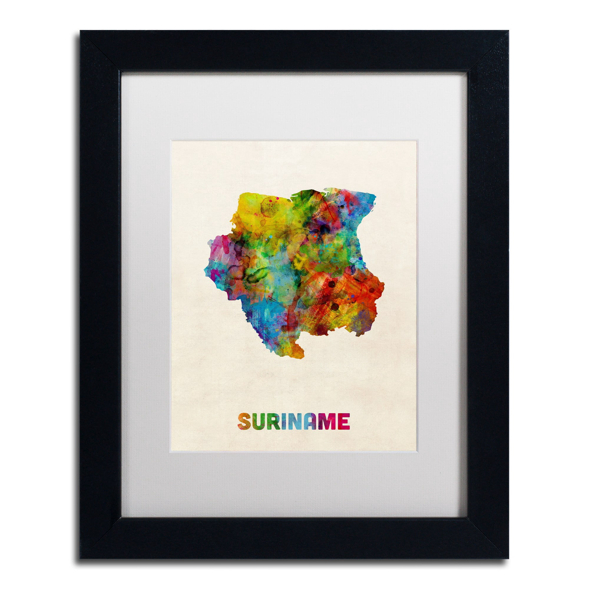 Trademark Fine Art "Suriname Watercolor Map" Canvas Art by Michael Tompsett White Matte, Black Frame