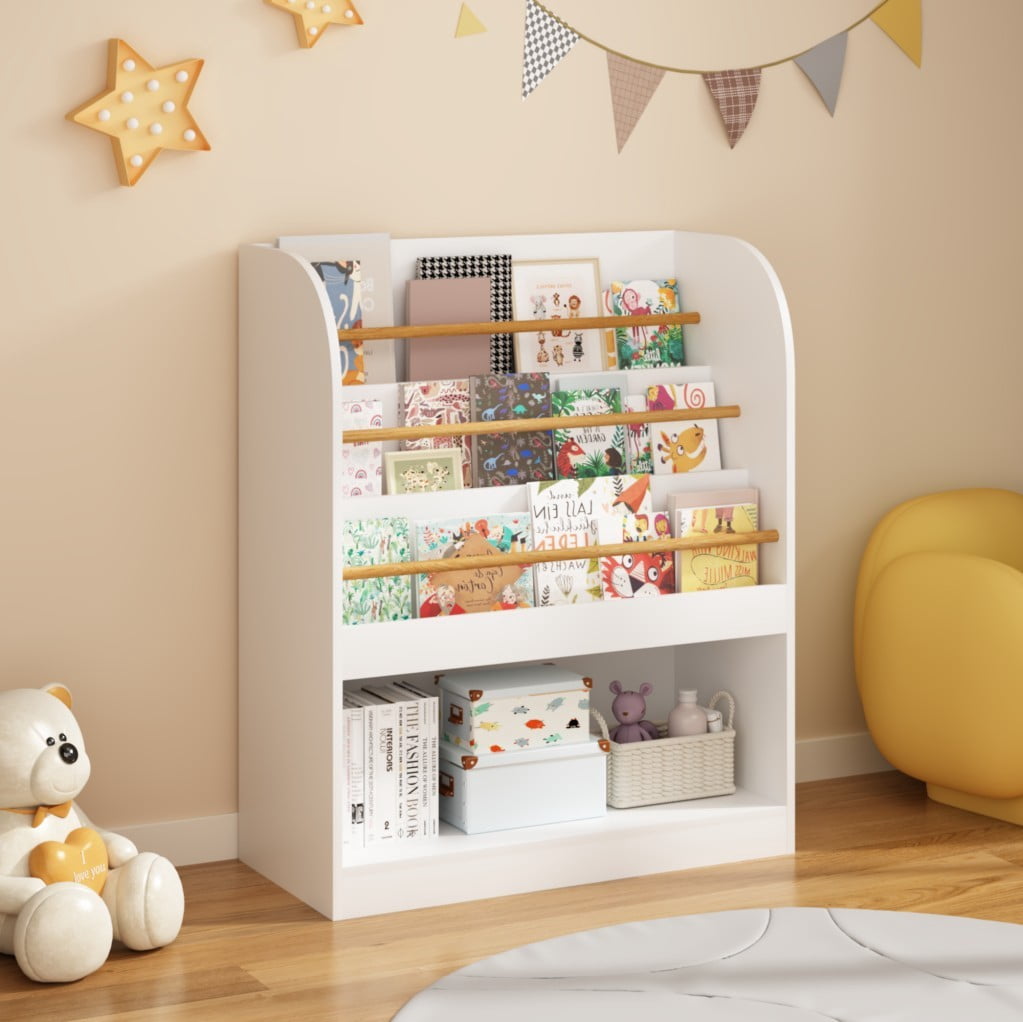 Kids Bookshelf with Open Storage, 3-Tier Front-Facing Children's Bookcase with Bottom Toy Compartment, Wooden Book Display Shelf for Toddlers, Nursery, Playroom & Bedroom, White