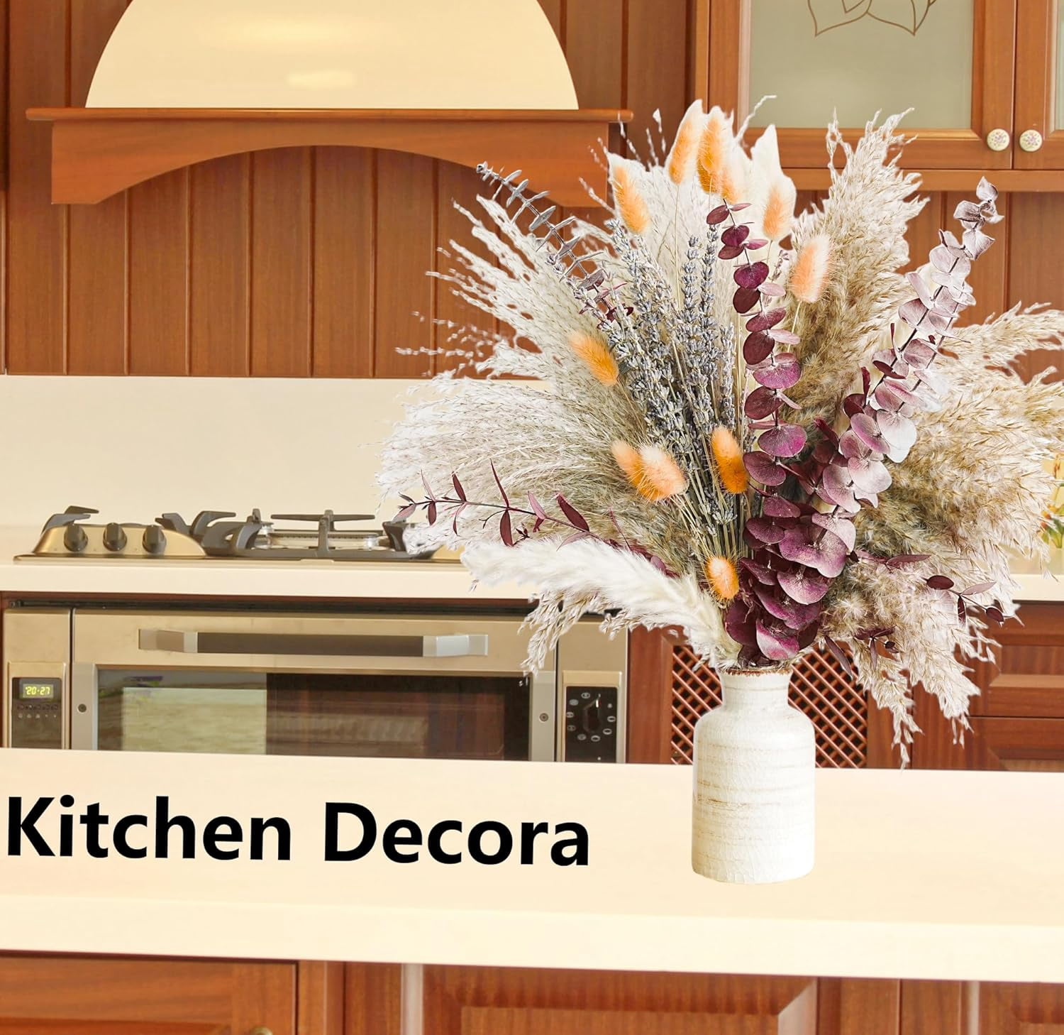 Fall Dried Flower Bouquet with Pampas Grass, Orange Bunny Tails, Lavender & Red Eucalyptus –Boho Fall Decor for Home, Vase, Porch & thanksgiving –Autumn Floral Arrangements