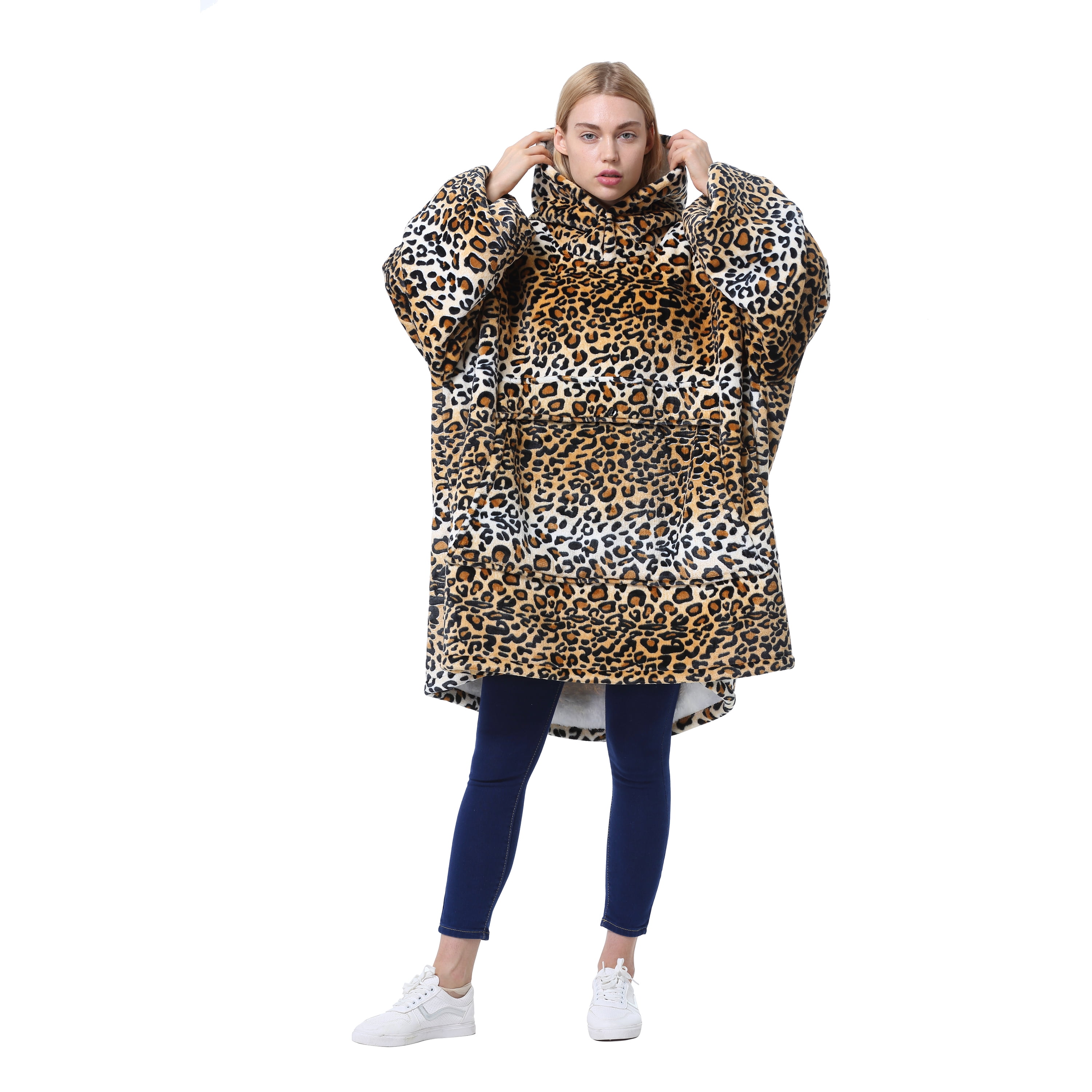 Womens Oversized Flannel Blanket Hoodie Sweatshirt, Plush Fleece Lined Lounging Pullover, Christmas Gift for Women (Cheetah) - Catalonia