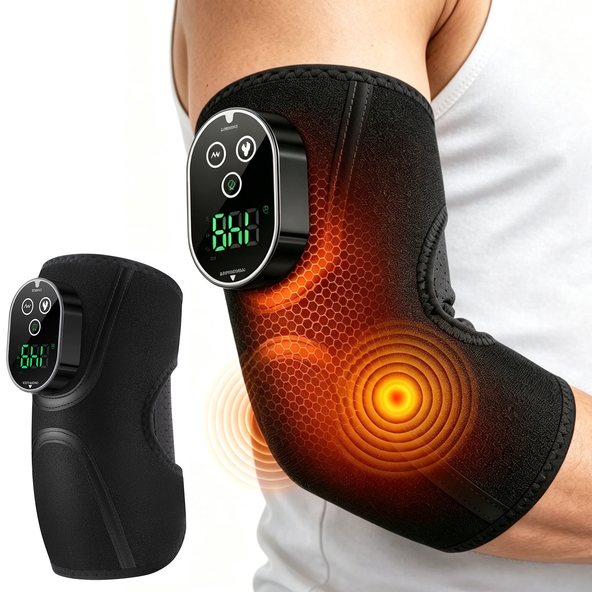 Heated Elbow Wrap with Massage, Cordless Elbow Heating Pad with 5 Heat Levels, 3 Vibration Modes and 3 Timer Settings, Rechargeable Electric Vibrating Heated Elbow Brace, Black
