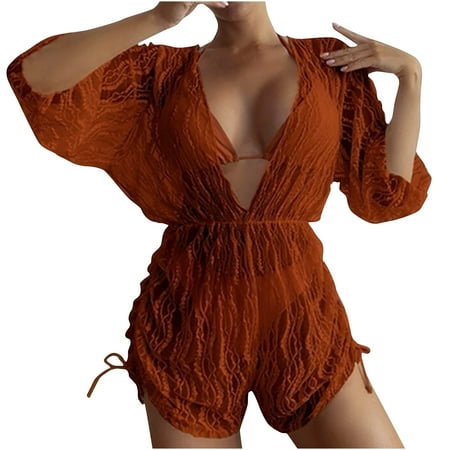 Summer Savings 2024! TMOYZQ Women s 3 Piece Swimsuit Sets Triangle Halter String Sexy Thong Bikini Sets Bathing Suits with Drawstring Side Sheer Mesh Beach Cover Ups Swimwear