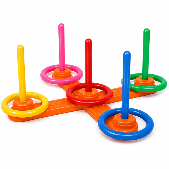 Ring Toss Game Set with 5 Rings and 5 Poles, Indoor Outdoor Yard Party Lawn Toss Game with Support Bases, Multicolor