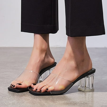 

bvgfsahne Ladies Summer Fashion High Heels Transparent Square Head Simple Solid Color Non Slip Elegant Outside Wear Slippers Sandals