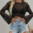thumbnail image 2 of Hollow Out Crop Tops for Women Summer Fall Crochet Cover Ups Crewneck Bell Long Sleeve Cropped Short T Shirts (Large, Black), 2 of 6