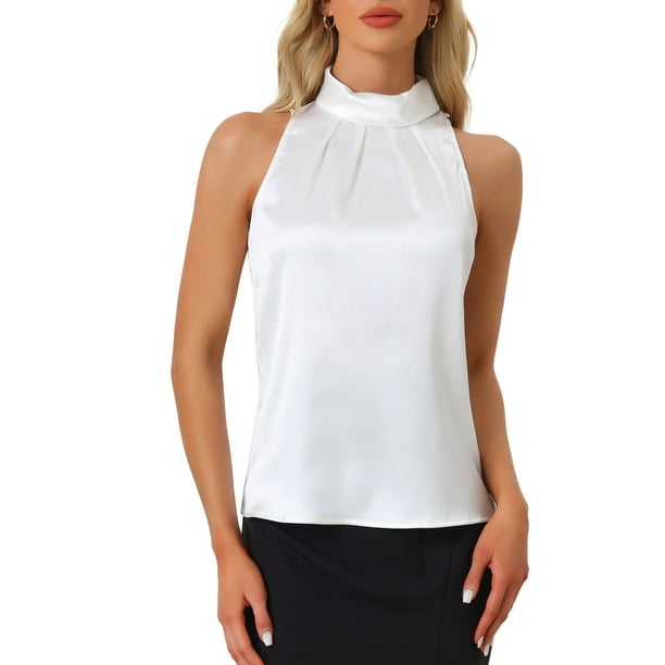 INSPIRAR CHIC Blusas de Trabajo Sin Mangas de Satén para Mujeres con Lazo en el Cuello Sólido L Blanco
