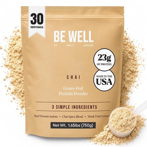 Be Well by Kelly Chai Grass-Fed Beef Protein Powder, 23G of Protein & Zero Carbs (3 Ingredients, 30 Servings) 9 Amino Acids 3 BCAAs No Soy, No Dairy, Stevia-Free, No Sugar Added 1.65lb 750g