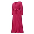 thumbnail image 5 of AKAFMK Dresses for Women 2024 Casual Slim Pleated Belted Long-Sleeve V-Neck A-Line Solid Color Dress Party Maxi Dresses Hot Pink, 5 of 6