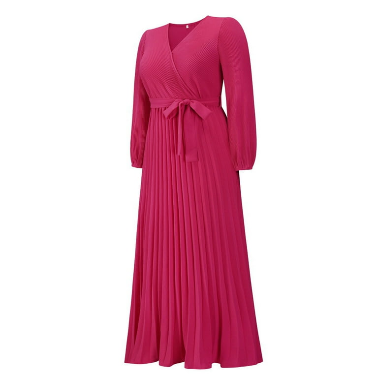 Elvqul Womens Winter Dresses A Line Solid Color Dress Pleated Hot Pink  Belted V Neck Long Sleeve Party Maxi Dress for Ladies Slim - Walmart.com
