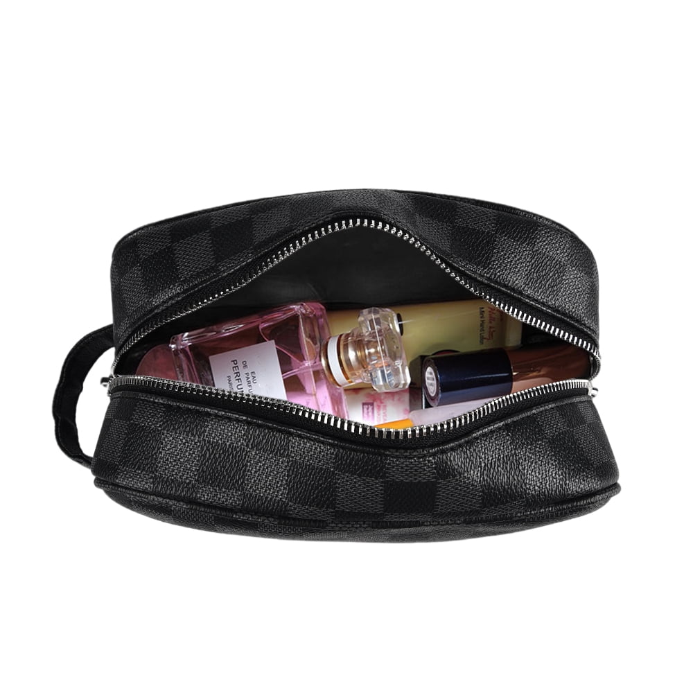 Lumento Brown Checkered Makeup Bag,Travel Storage Cosmetic Bag,PU