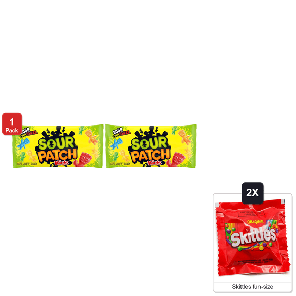 Sour Patch Soft and Chewy Candy, 2 Packs x 2 oz Each, with 2 Skittles Fun Size