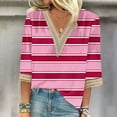 thumbnail image 2 of Olyvenn Ladies Lace Trim Dressy Shirt Casual 3/4 Sleeve Fashion Tshirt Stylish V Neck 2025 Trendy Graphic Print Tops Hot Pink M, 2 of 5