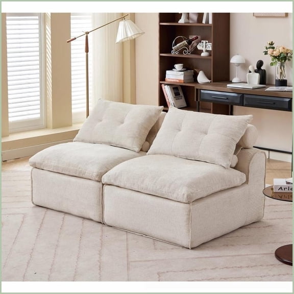 2-Seat Modular Armless Sofa | Beige Chenille Upholstered | DIY Small Space Couch with Neck & Lumbar Pillows