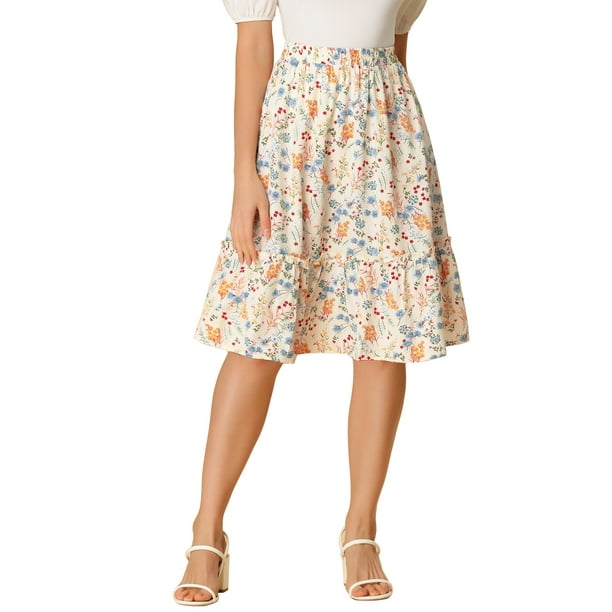 Falda Midi Floral con Volantes en Capas para Mujeres INSPIRE CHIC, Cintura Elástica, Color Beige, Talla 3XL