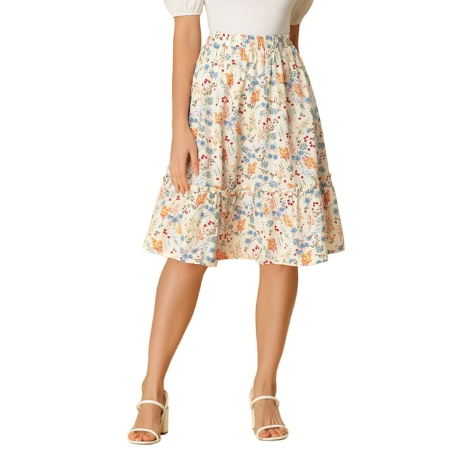 Unique Bargains Jupe Midi Évasée à Volants à Étages à Fleurs pour Femme, Blanc, TG