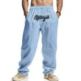 thumbnail image 1 of Pantalones largos para hombre, holgados, informales, de lino, de color liso, con bolsillo bordado, cordón ajustable y cintura elástica, de poliéster., 1 of 9