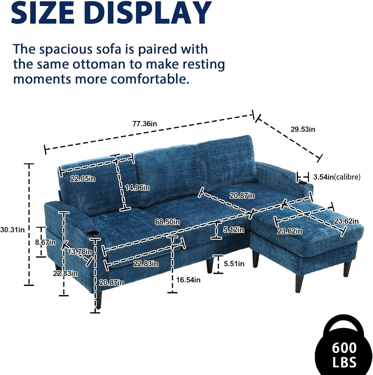 MOONMISS sofa 77.36" 3-seat, L -Shaped Sofa with Movable Ottoman for Living Room,Teal