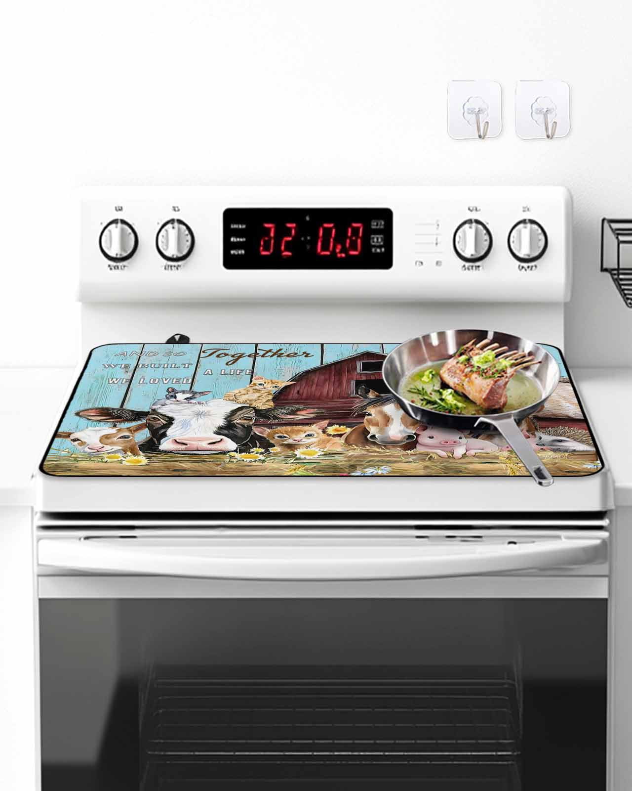 Farmhouse Animals Stove Top Covers for Electric Stove, Kitchen Glass Ceramic Electric Cooktop Covers 28.5"x20.5", Pig Cow Retro Farm Blue Wood Grain HeatResistant Oven/Countertop/Dishwasher Protector