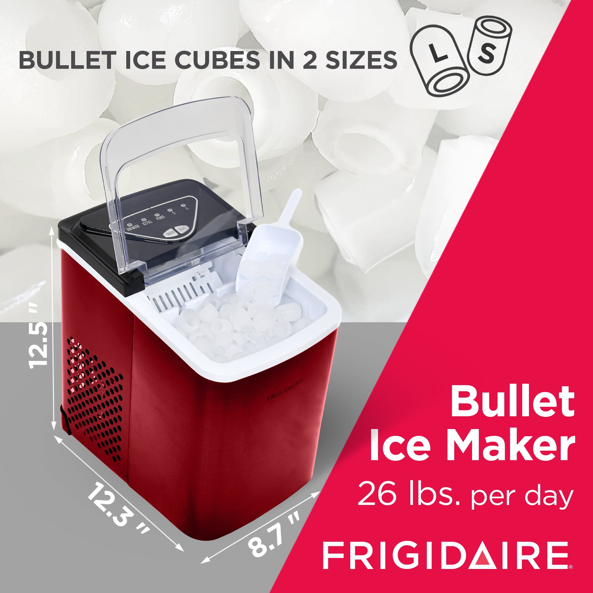 Frigidaire 26 Lbs. Countertop Ice Maker, Bullet Shaped Ice, Red Stainless Steel