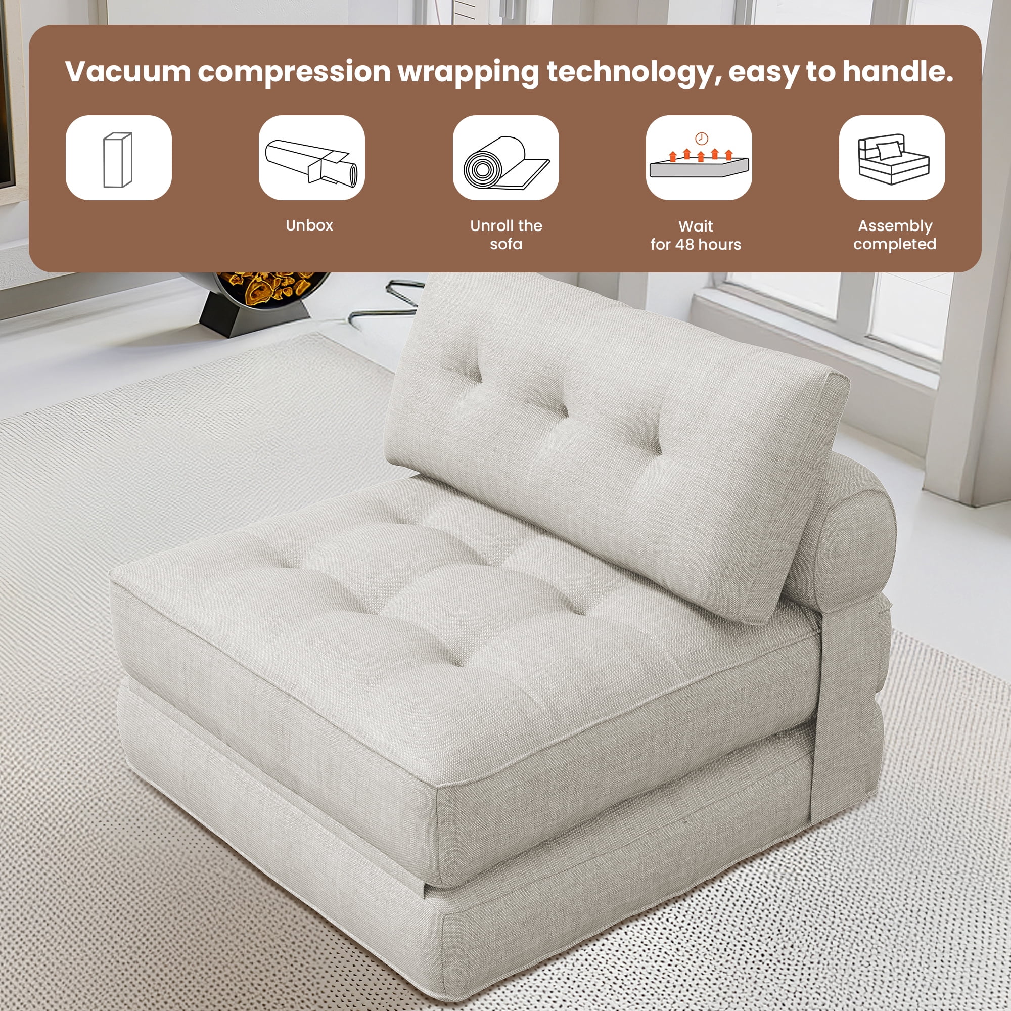 SERWALL Folding Sofa Chair, 4-in-1 Convertible Sofa Bed, Foldable Sofa Chair for Bedroom, Beige