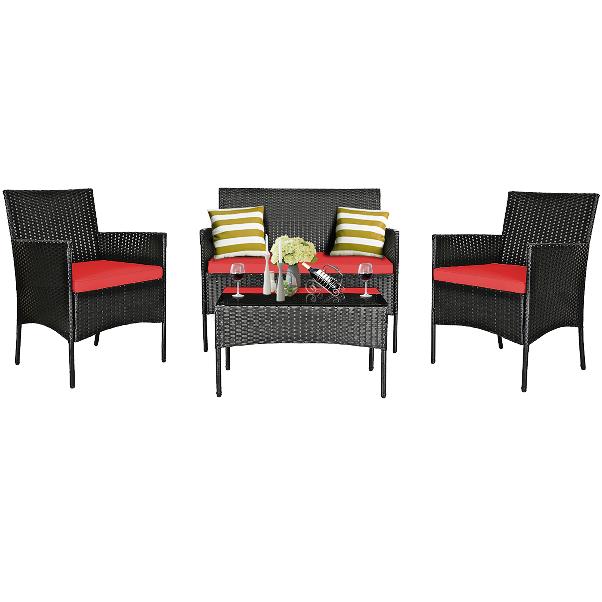 Costway 4PCS Rattan Patio Furniture Set Cushioned Sofa Chair Coffee Table Red - image 8 of 10