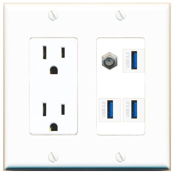 RiteAV Coax 3 USB-3 Wall Plate with 15A Power Outlet [White]