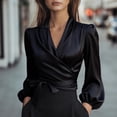 thumbnail image 2 of Silk Blouse for Women Elegant Wrap Satin Shirt Sexy Criss Cross Neck Long Sleeve Tie Waist Office Cocktail Formal Top Black M, 2 of 5