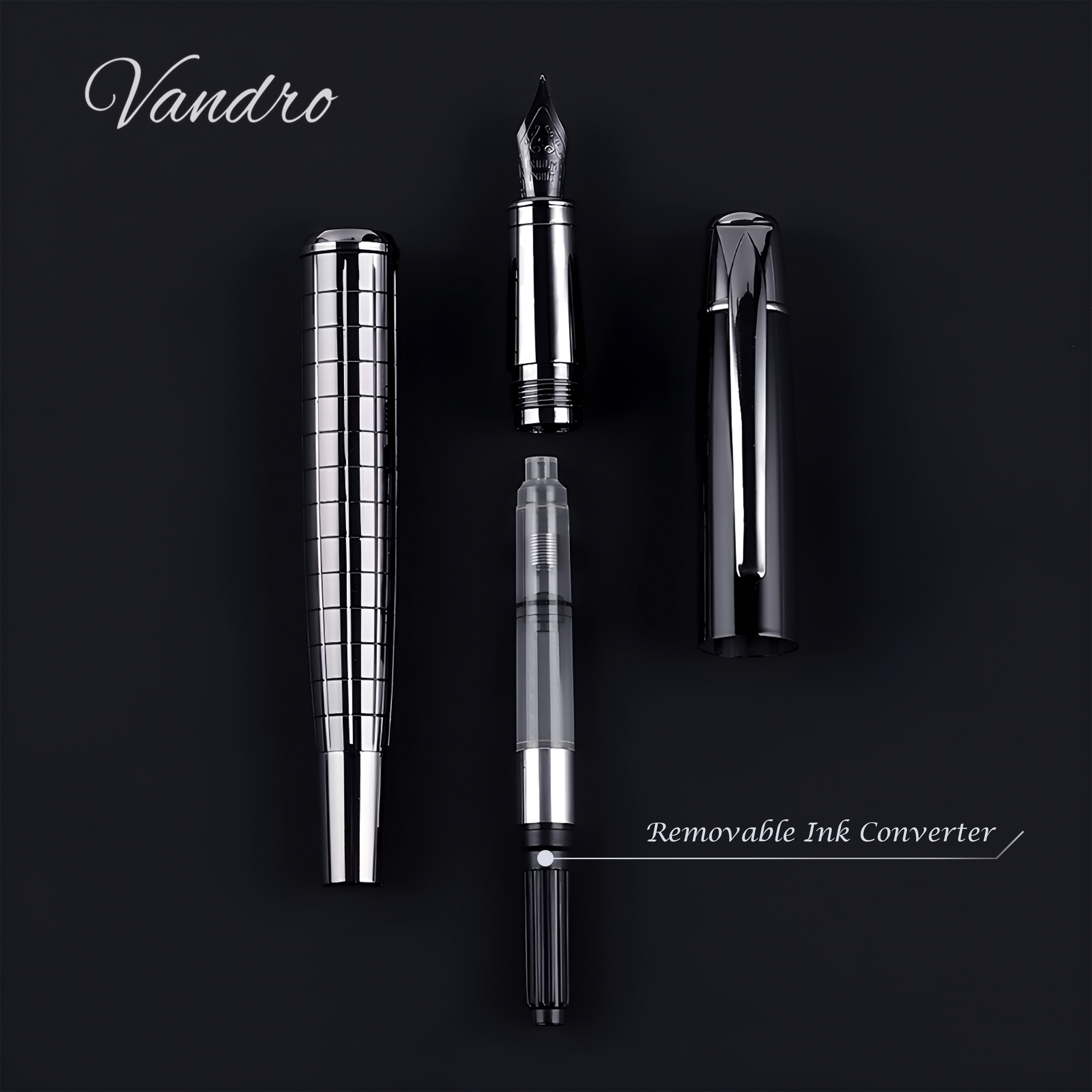Vandro Complete Luxury Fountain Pen Set - Comfortable Grip with Smooth Fine Nib - Includes 10 Pack Ink Cartridges, Black Ink Bottle, Ink Refill Converter & Gift Box - Midnight Black
