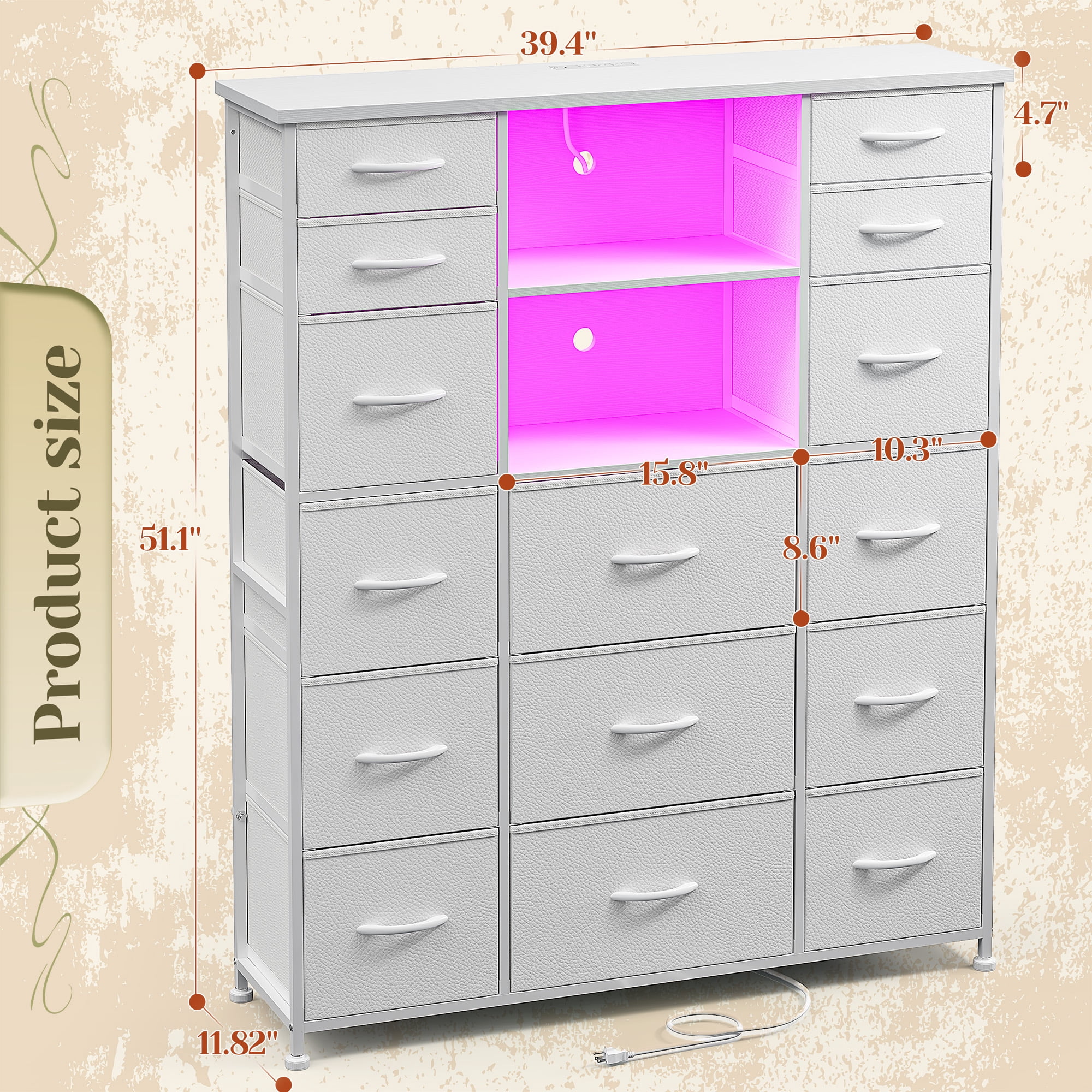 Romorgniz 51" H Dresser with 15 Fabric Drawers Tall Dresser for Bedroom with Charging Station & LED Lights, White