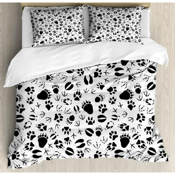 Wildlife Queen Size Duvet Cover Set Pattern Of Black Tracks Paws Wildlife Queen Size Duvet Cover Set Pattern Of Black Tracks Paws Webbed Bird Mammal Leaving Footprints Step Marks Decorative 3 Piece Bedding With 2