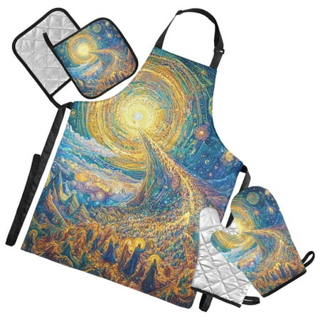 Infinite Path Lead To Sun 5 Pcs Kitchen Set Heat Resistant Oven Mitts and Non-Slip Pot Holders with Adjustable Cooking Apron