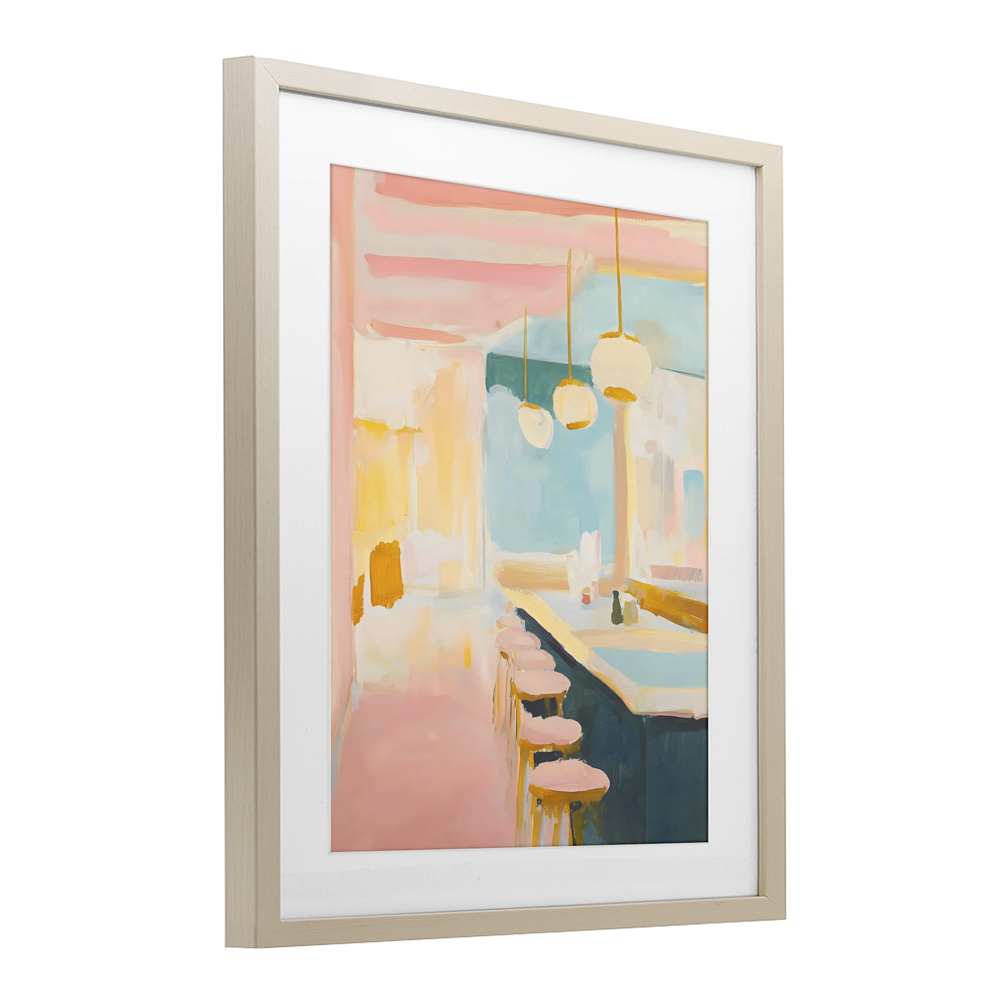 Stupell Industries Pastel Pink Bar Stools Birch Framed Print Under Glass, design by The Prints Vibe